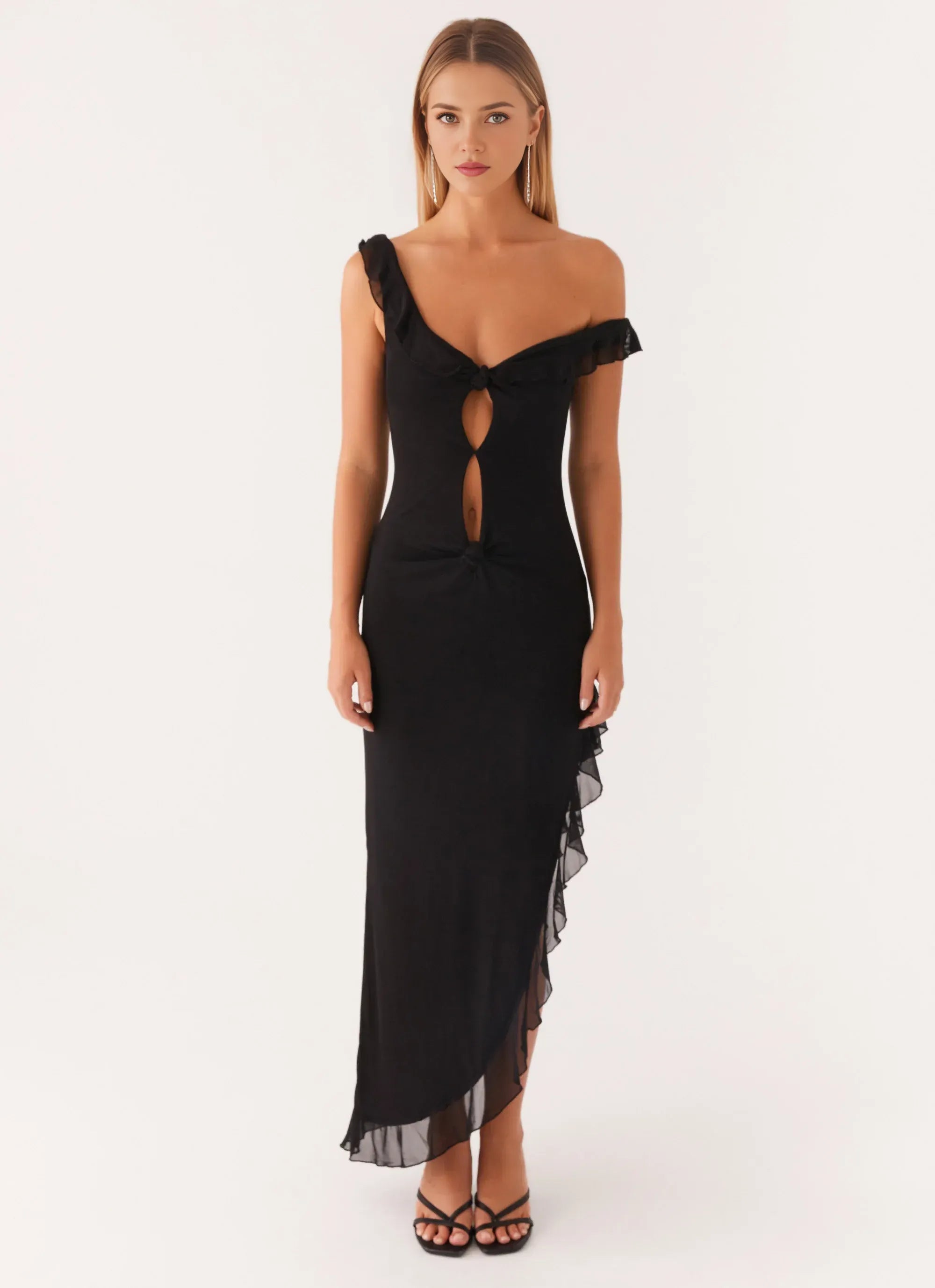 Dreamy Sheath One Shoulder Sleeveless Ruffled Trim Asymmetric Midi Plus Size Evening Dress