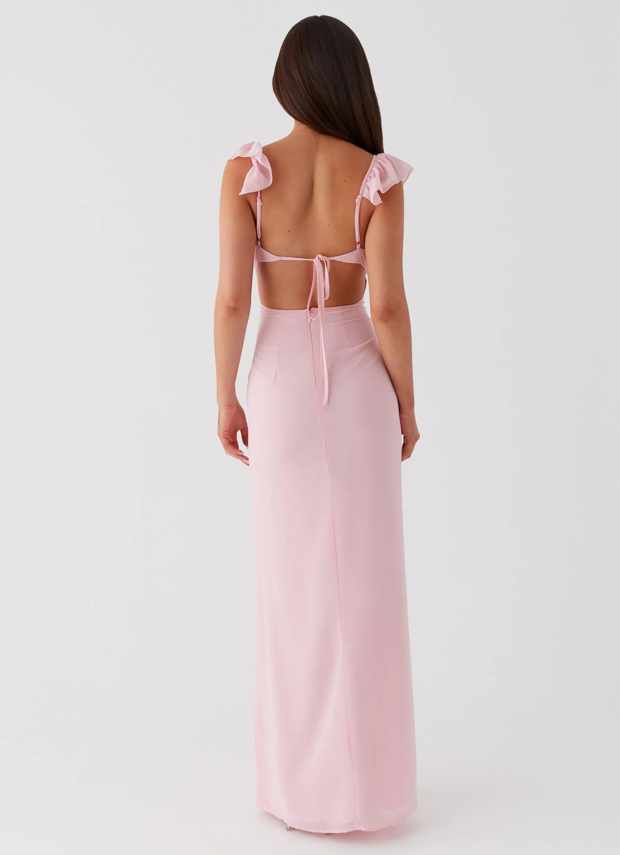 Dreamy Sheath Plunge Neck Sleeveless Ruffled Tie Back Floor Length Plus Size Evening Dress