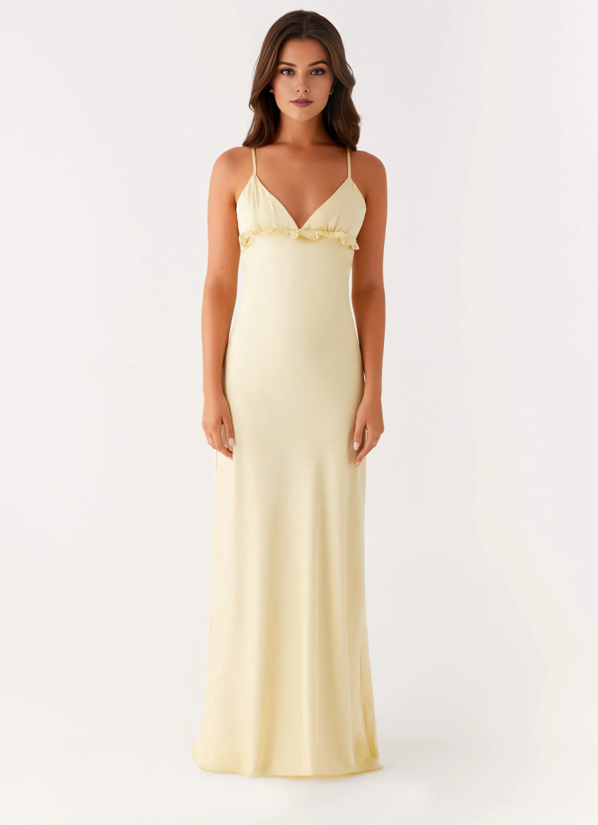Dreamy Sheath Plunge Neck Sleeveless Ruffled Trim Floor Length Plus Size Evening Dress