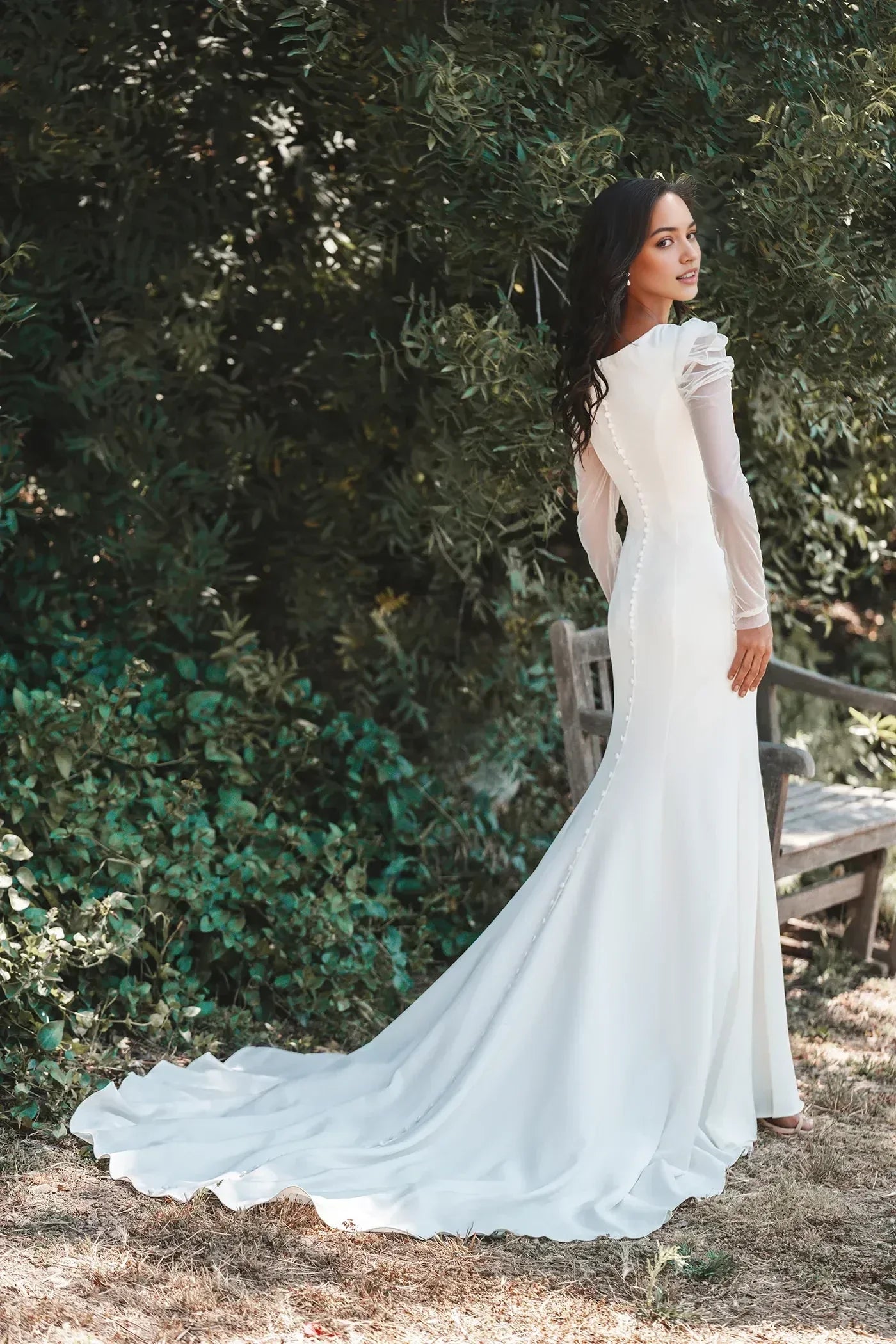Dreamy Trumpet Scoop Neck Sheer Long Sleeve Button Back Floor Length Wedding Dress