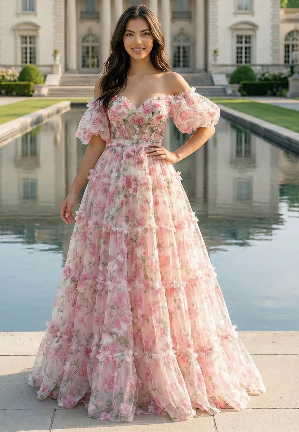 Dreamy A-Line Prom Dress For Women With Off-Shoulder Floral Pink Floor Length Gown