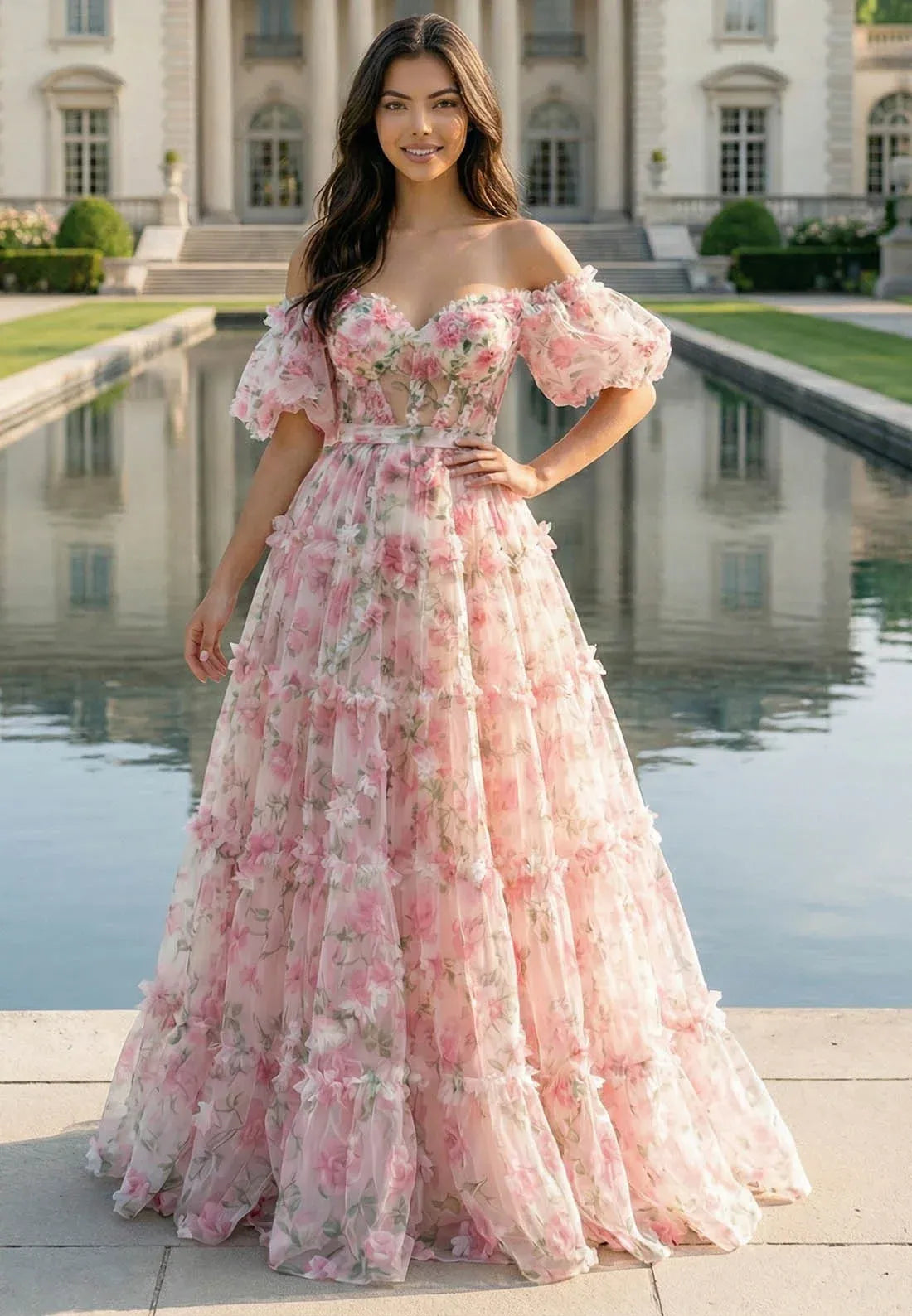 Dreamy A-Line Prom Dress For Women With Off-Shoulder Floral Pink Floor Length Gown
