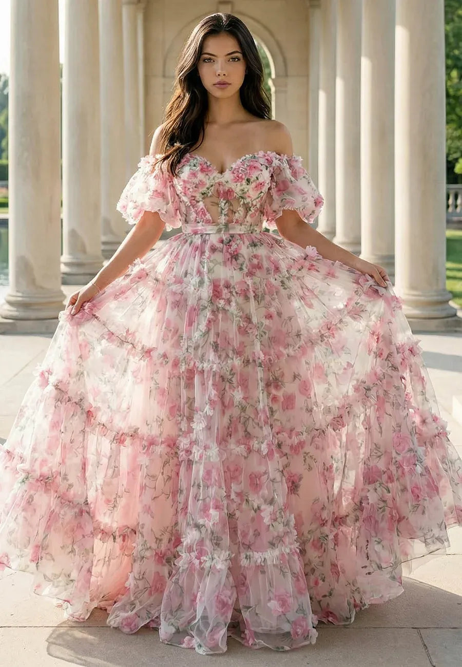 Dreamy A-Line Prom Dress For Women With Off-Shoulder Floral Pink Floor Length Gown