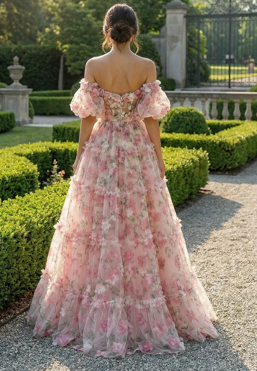 Dreamy A-Line Prom Dress For Women With Off-Shoulder Floral Pink Floor Length Gown