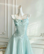 Prom Dress Beaded Bodice A Line Light Blue Floor Length Spaghetti Strap For Women Elegance