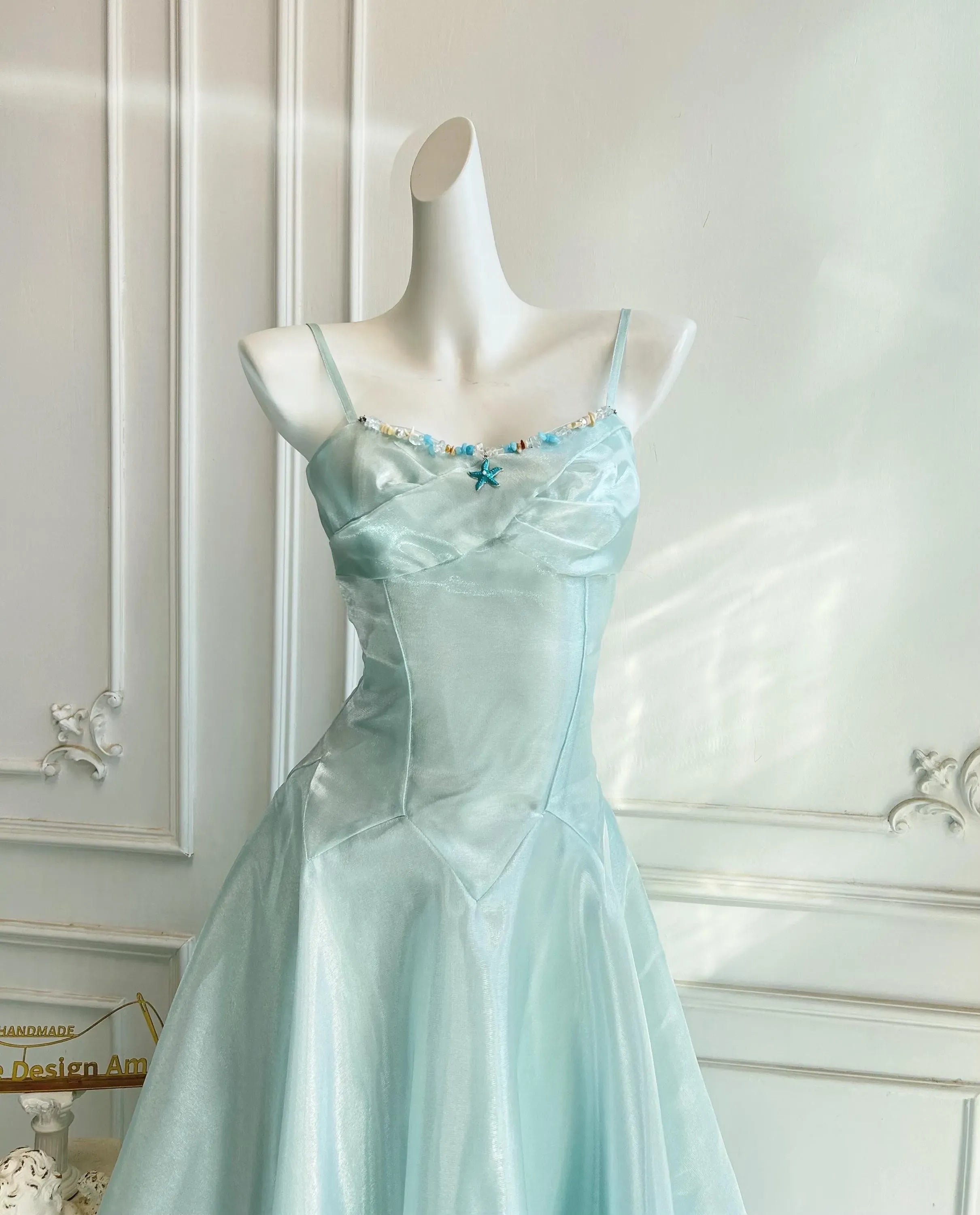 Prom Dress Beaded Bodice A Line Light Blue Floor Length Spaghetti Strap For Women Elegance