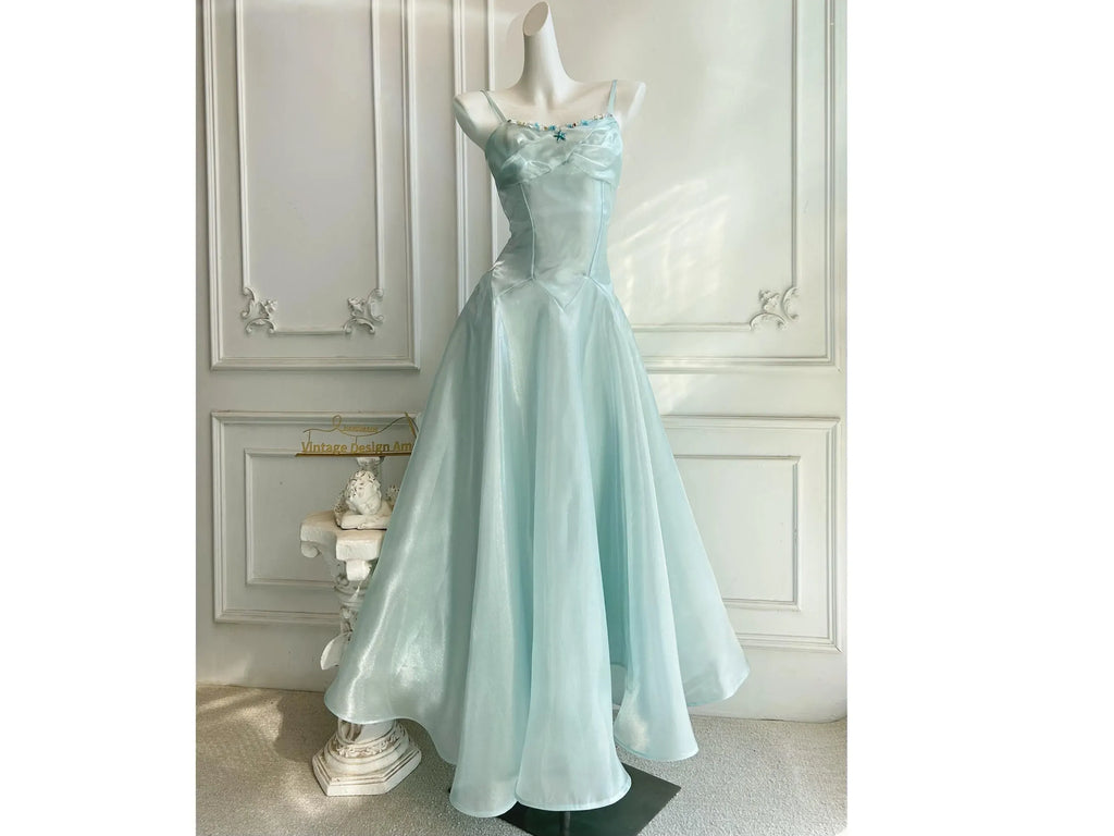 Prom Dress Beaded Bodice A Line Light Blue Floor Length Spaghetti Strap For Women Elegance