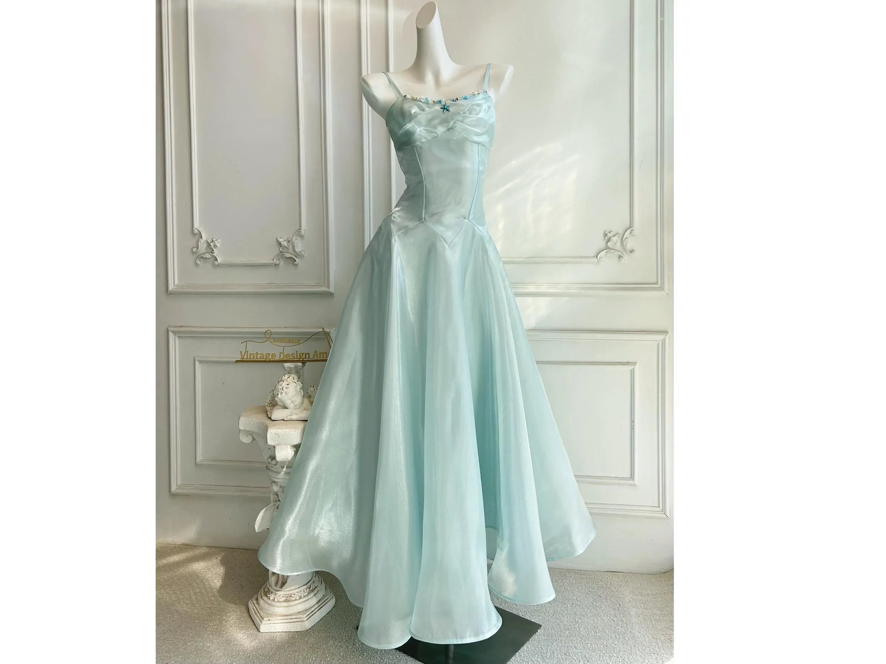 Prom Dress Beaded Bodice A Line Light Blue Floor Length Spaghetti Strap For Women Elegance