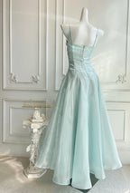 Prom Dress Beaded Bodice A Line Light Blue Floor Length Spaghetti Strap For Women Elegance