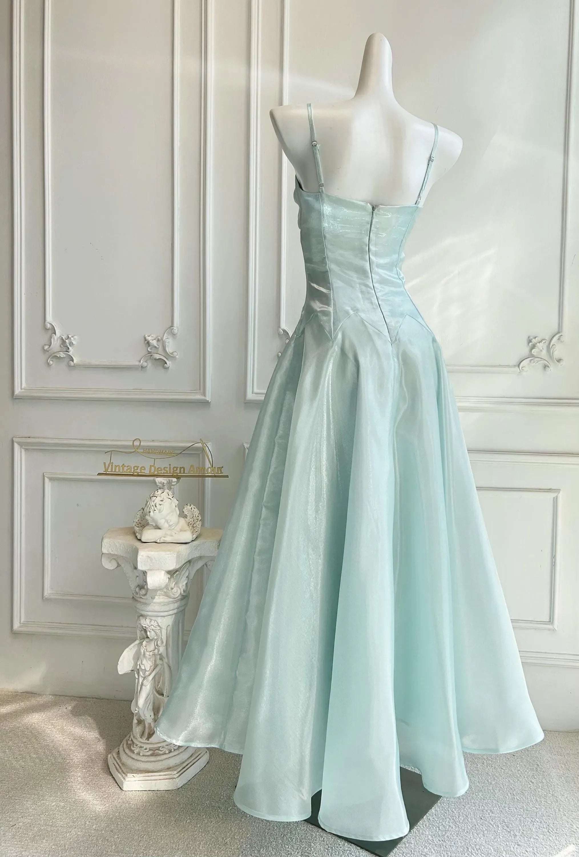 Prom Dress Beaded Bodice A Line Light Blue Floor Length Spaghetti Strap For Women Elegance