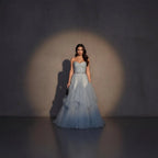 Blue Dreamy A-Line Strapless Sweetheart Tiered Dusty Long Prom Dress With Beaded