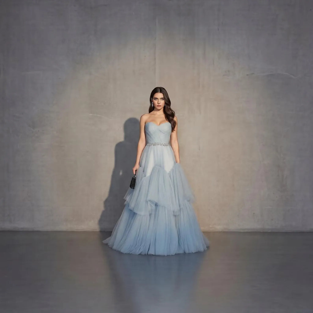 Blue Dreamy A-Line Strapless Sweetheart Tiered Dusty Long Prom Dress With Beaded