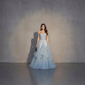 Blue Dreamy A-Line Strapless Sweetheart Tiered Dusty Long Prom Dress With Beaded
