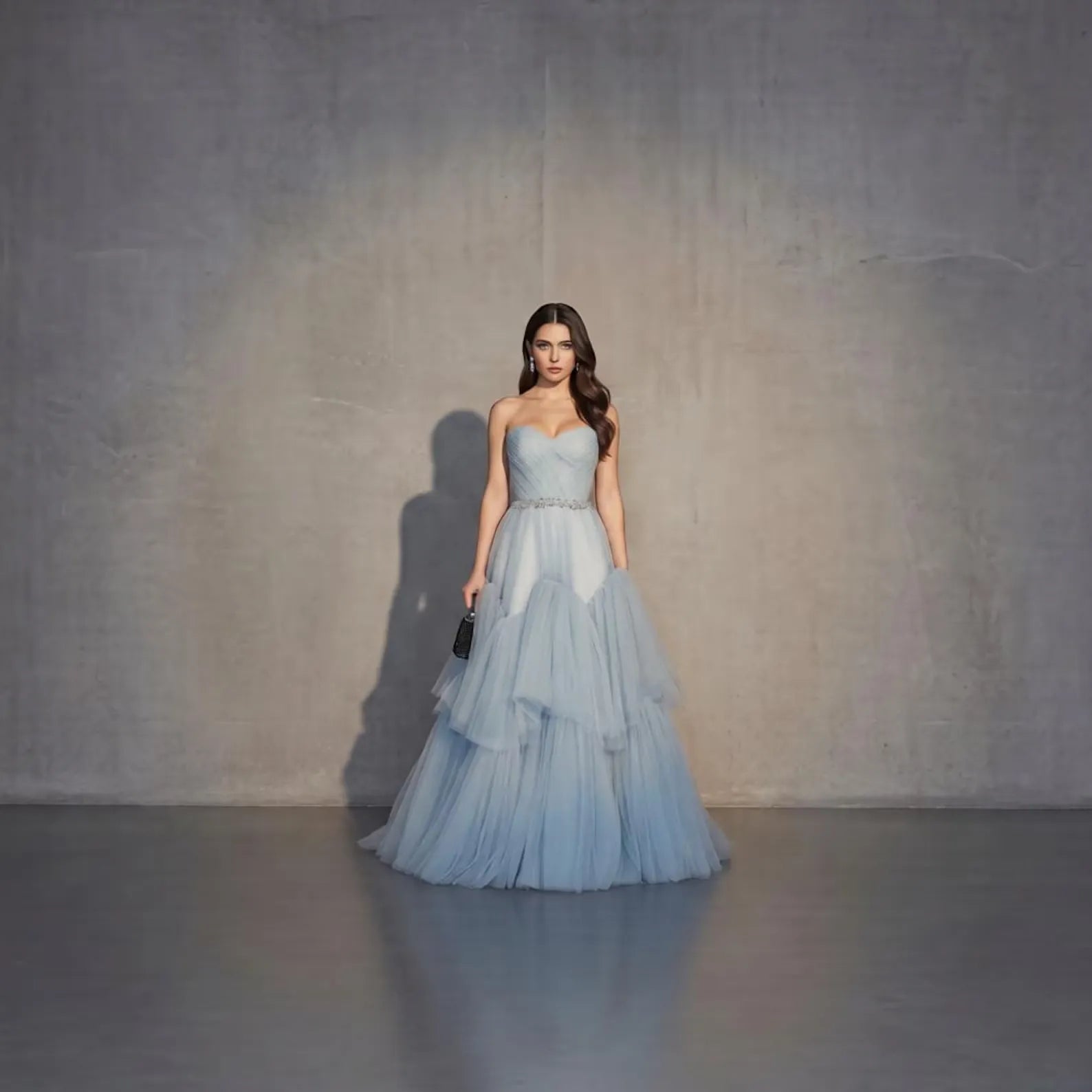 Blue Dreamy A-Line Strapless Sweetheart Tiered Dusty Long Prom Dress With Beaded
