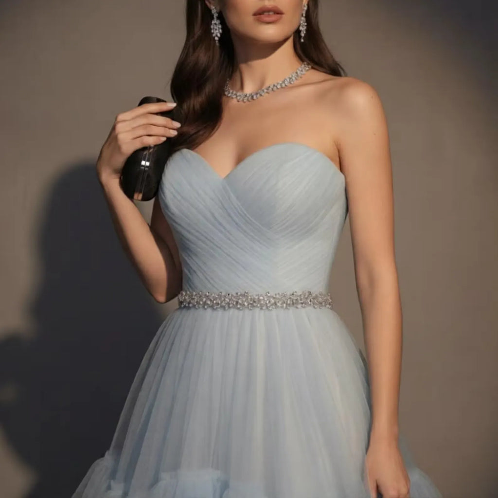 Blue Dreamy A-Line Strapless Sweetheart Tiered Dusty Long Prom Dress With Beaded