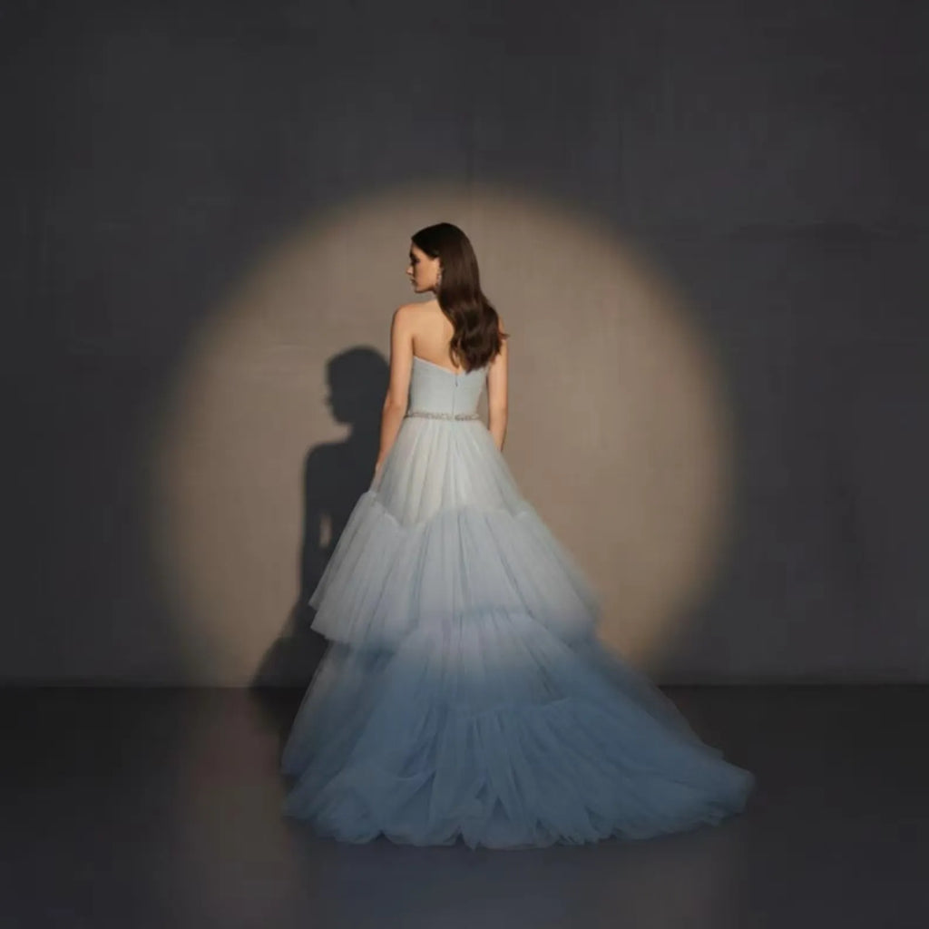 Blue Dreamy A-Line Strapless Sweetheart Tiered Dusty Long Prom Dress With Beaded