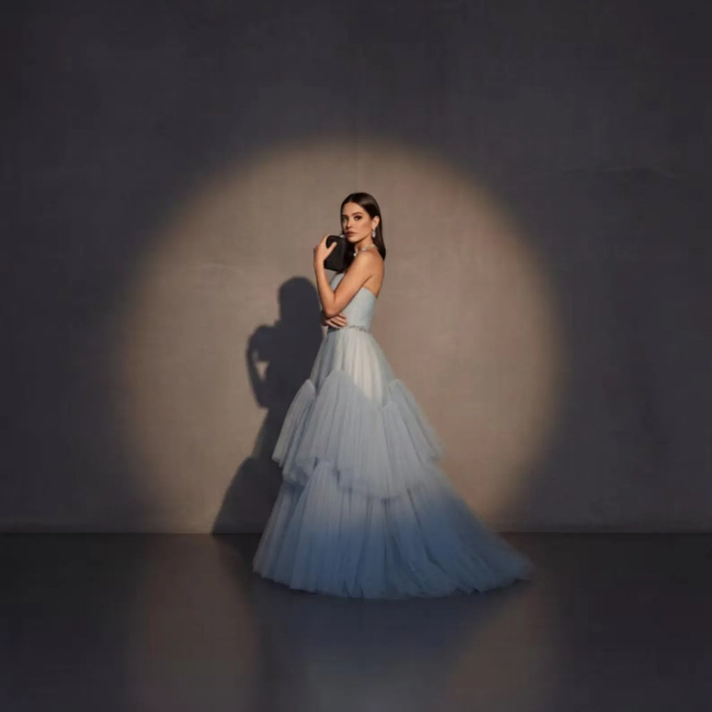 Blue Dreamy A-Line Strapless Sweetheart Tiered Dusty Long Prom Dress With Beaded