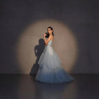 Blue Dreamy A-Line Strapless Sweetheart Tiered Dusty Long Prom Dress With Beaded