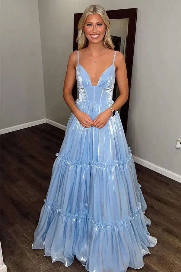 Dreamy Spaghetti Strap Ruffle Tiered Shiny Maxi Prom Dress