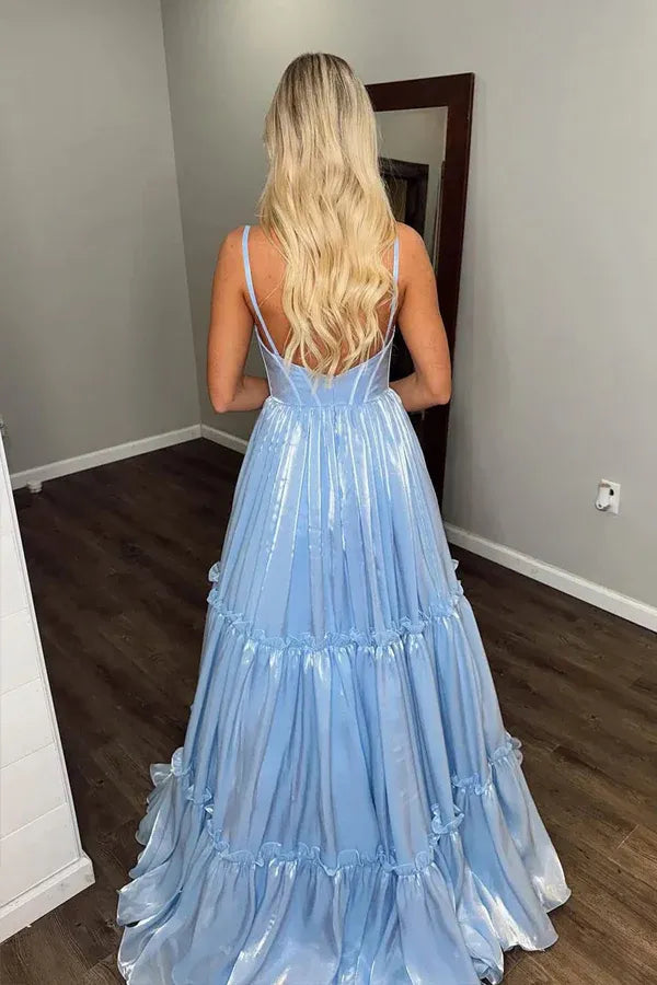Dreamy Spaghetti Strap Ruffle Tiered Shiny Maxi Prom Dress