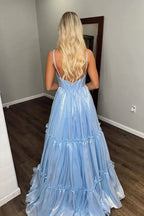 Dreamy Spaghetti Strap Ruffle Tiered Shiny Maxi Prom Dress