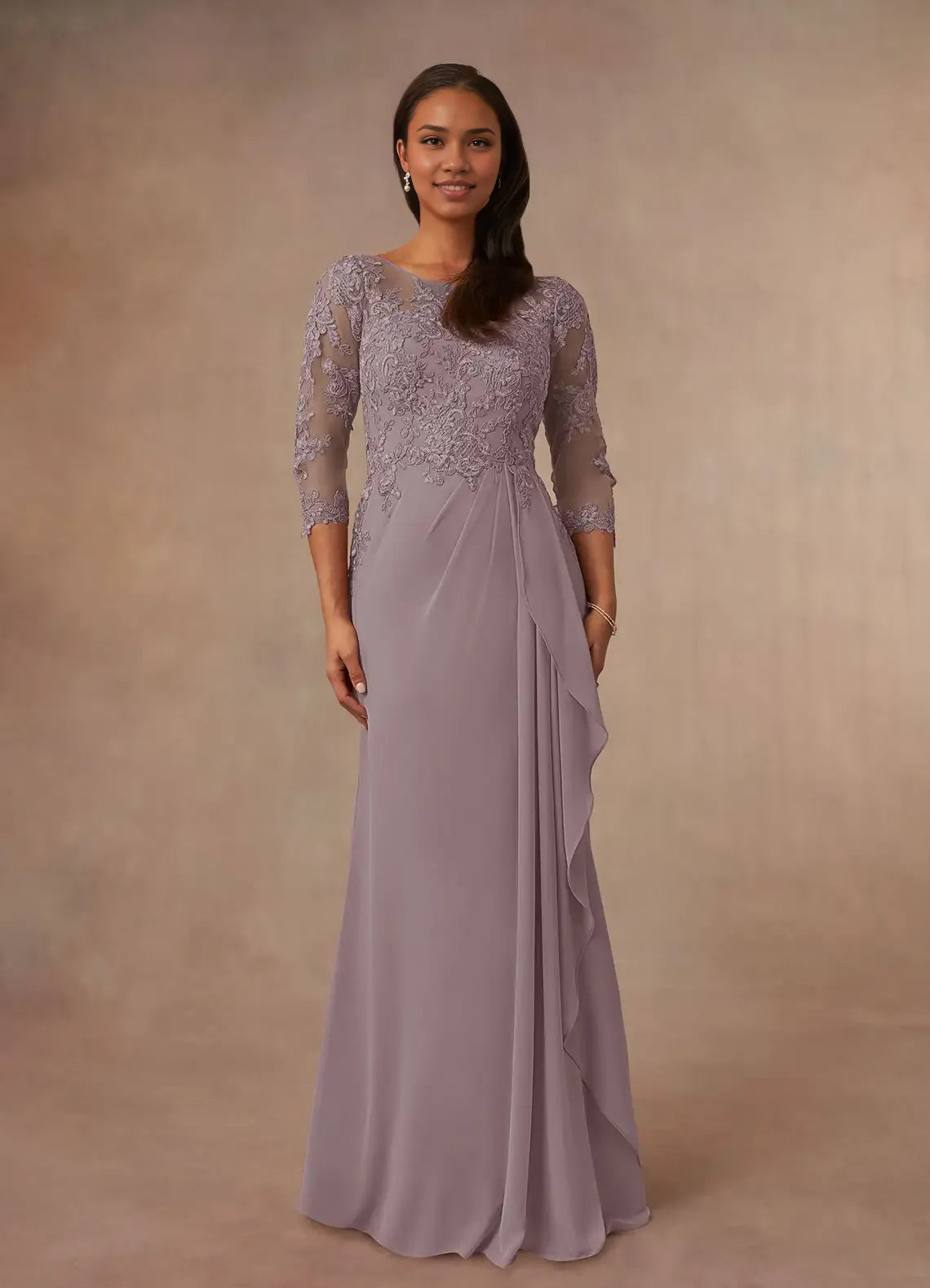 Dress Champagne A-Line Scoop Mother Of The Bride Evening Dress Elegant Ruffle Three-Quarter Sleeve V Back Plus Size Mother Of The Bride Dress