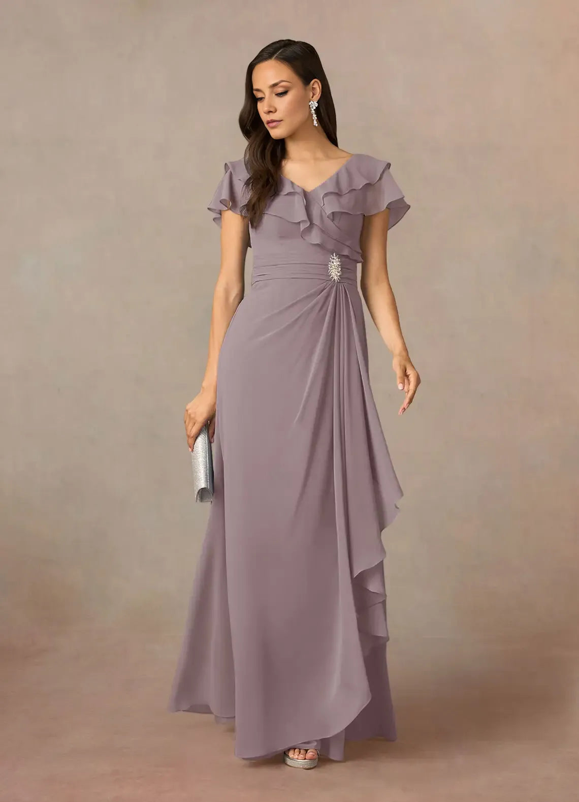 Navy Dress Dark A-Line V-Neck Ruched Mother Of The Bride Evening Dress Elegant Ruffle Flutter Sleeves V Back Plus Size Mother Of The Bride Dress