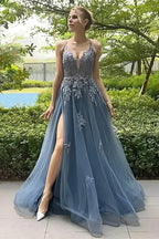 Blue Dusty Spaghetti Strap Criss Cross Back High Slit A-Line Prom Dress
