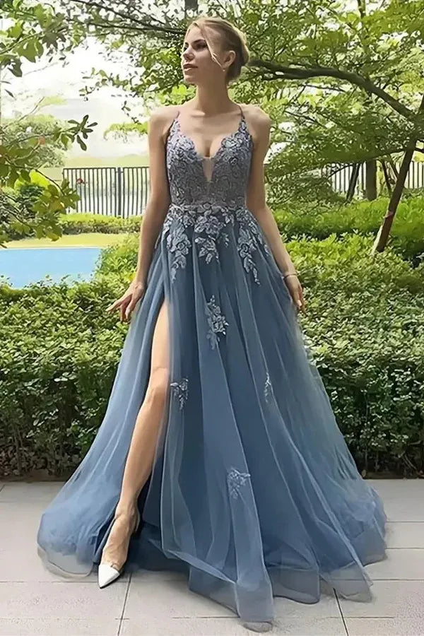 Blue Dusty Spaghetti Strap Criss Cross Back High Slit A-Line Prom Dress