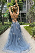Blue Dusty Spaghetti Strap Criss Cross Back High Slit A-Line Prom Dress