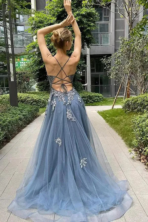 Blue Dusty Spaghetti Strap Criss Cross Back High Slit A-Line Prom Dress