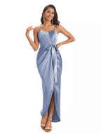 High Low Spaghetti Straps V-neck Mermaid Asymmetrical Soft Satin Bridesmaid Dresses