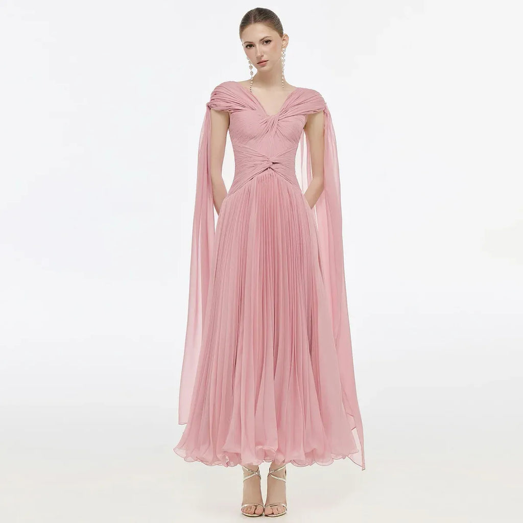Dusty Pink Twisted V-Neck Cape Sleeve Pleated Flowy Long Formal Evening Dress