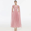 Dusty Pink Twisted V-Neck Cape Sleeve Pleated Flowy Long Formal Evening Dress