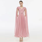 Dusty Pink Twisted V-Neck Cape Sleeve Pleated Flowy Long Formal Evening Dress