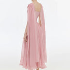 Dusty Pink Twisted V-Neck Cape Sleeve Pleated Flowy Long Formal Evening Dress