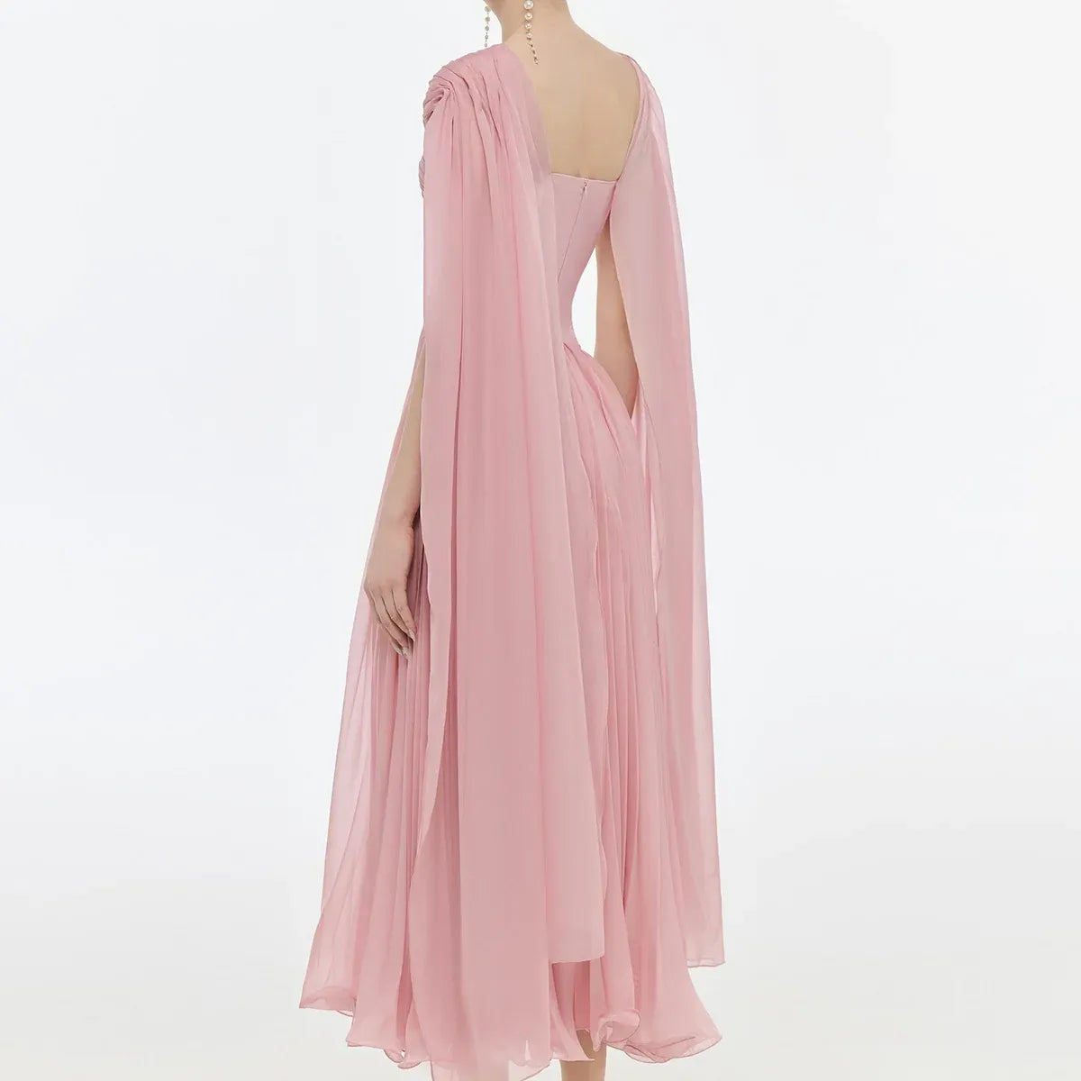 Dusty Pink Twisted V-Neck Cape Sleeve Pleated Flowy Long Formal Evening Dress