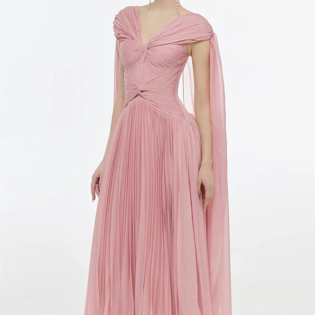 Dusty Pink Twisted V-Neck Cape Sleeve Pleated Flowy Long Formal Evening Dress
