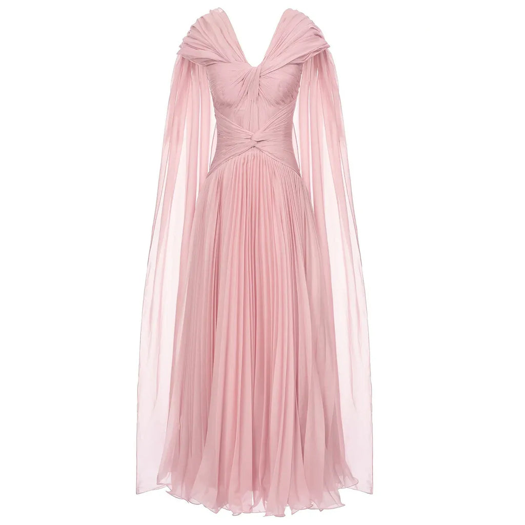 Dusty Pink Twisted V-Neck Cape Sleeve Pleated Flowy Long Formal Evening Dress