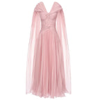 Dusty Pink Twisted V-Neck Cape Sleeve Pleated Flowy Long Formal Evening Dress