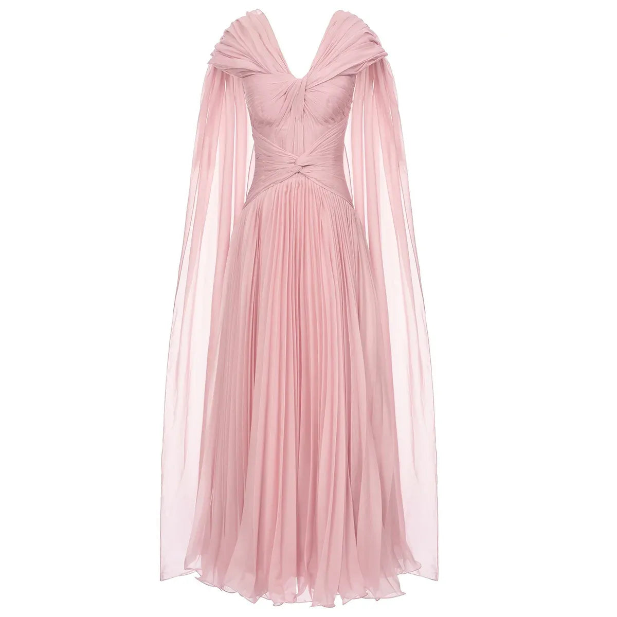 Dusty Pink Twisted V-Neck Cape Sleeve Pleated Flowy Long Formal Evening Dress