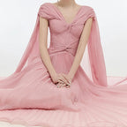 Dusty Pink Twisted V-Neck Cape Sleeve Pleated Flowy Long Formal Evening Dress