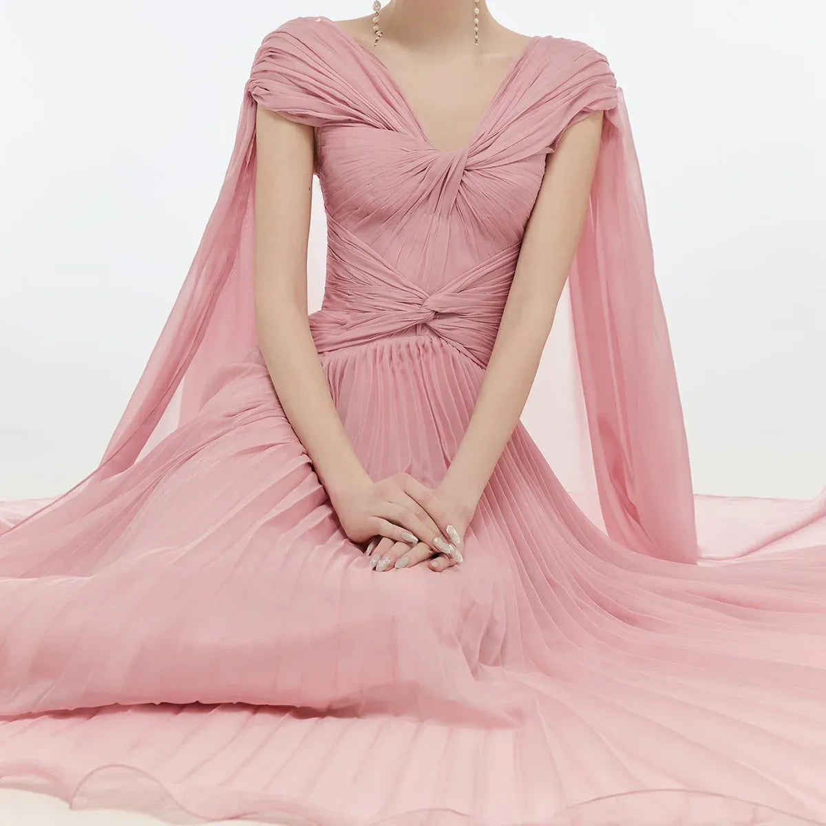 Dusty Pink Twisted V-Neck Cape Sleeve Pleated Flowy Long Formal Evening Dress