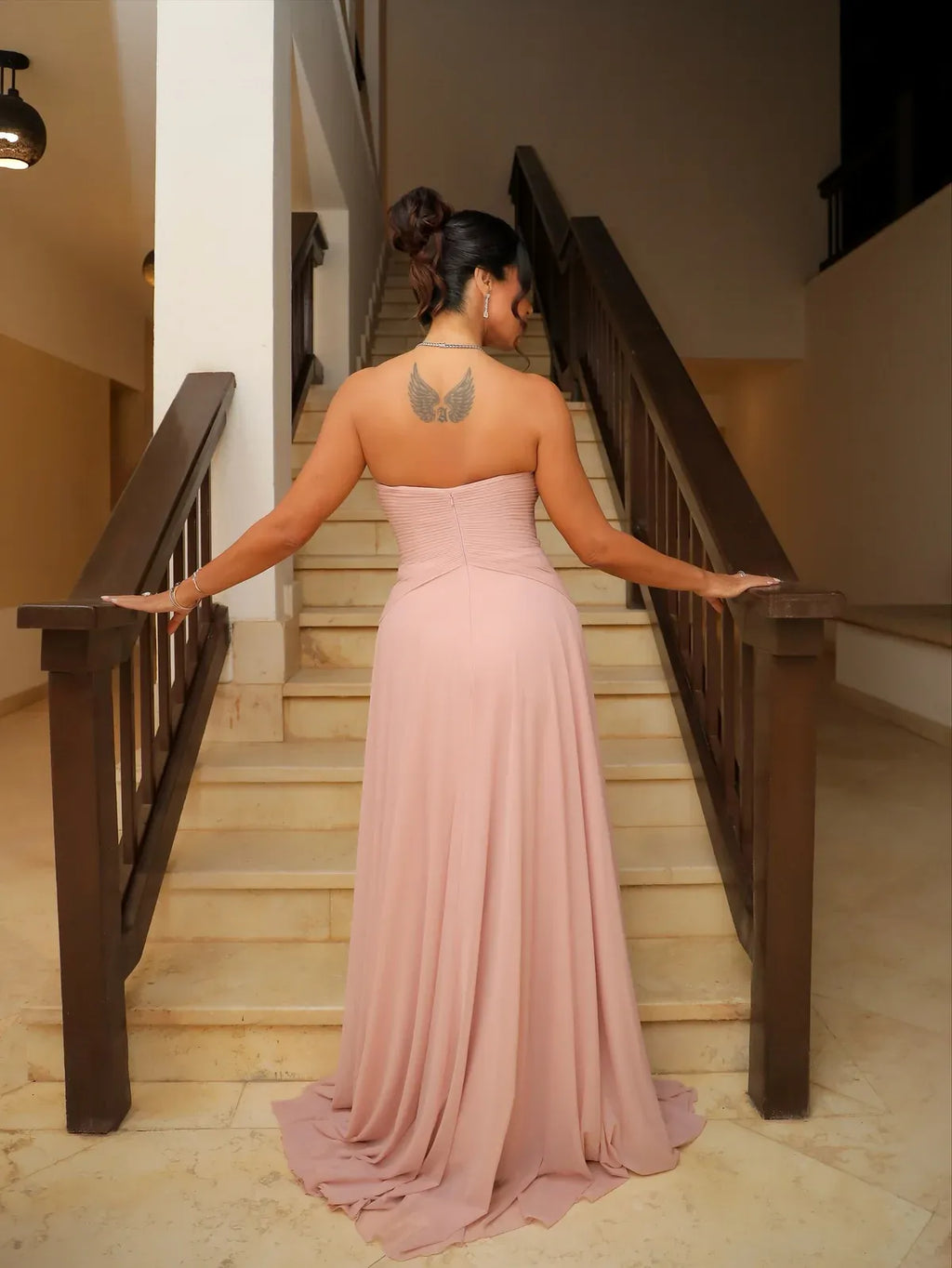 Dusty Rose Strapless Ruched A-Line Slit Bridesmaid Formal Dress