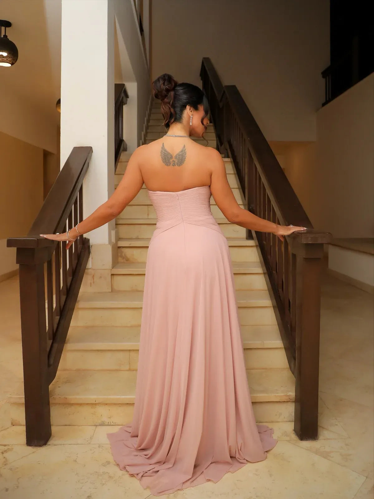 Dusty Rose Strapless Ruched A-Line Slit Bridesmaid Formal Dress