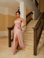 Dusty Rose Strapless Ruched A-Line Slit Bridesmaid Formal Dress