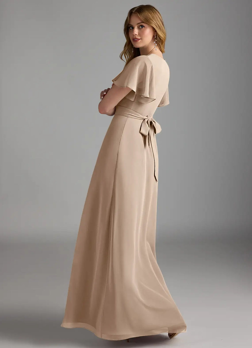 Dusty Beige Chiffon Bridesmaid Dress with Flutter Sleeves, Waist Tie and High Slit