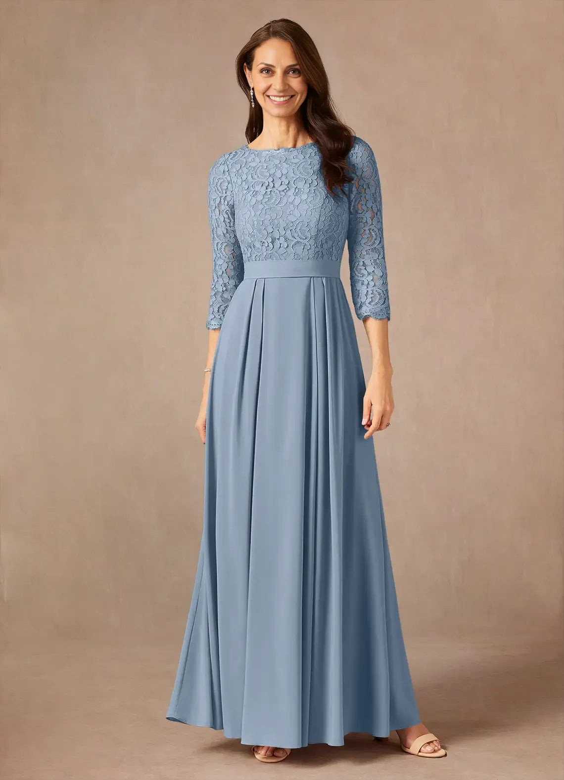 Blue Dusty A-Line Floor-Length Dress Three-Quarter Sleeve Solid Color Vintage Scoop Neck Mother of the Bride Dress