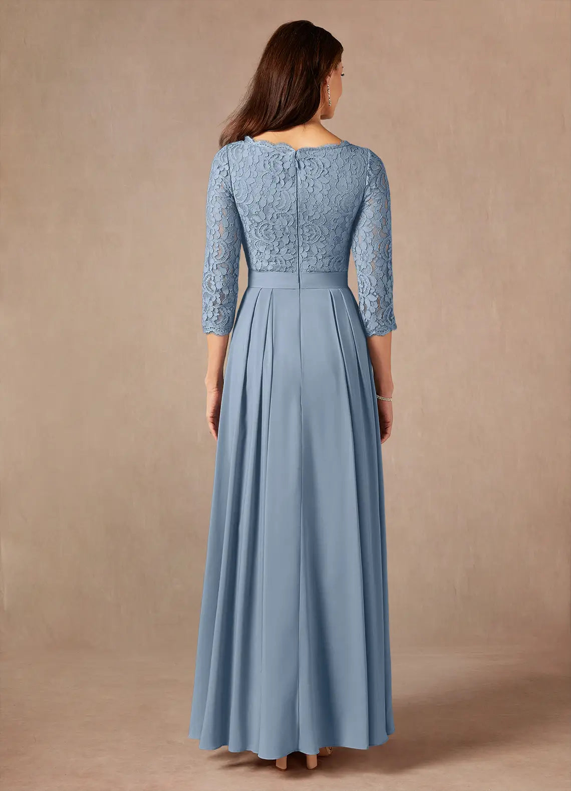 Blue Dusty A-Line Floor-Length Dress Three-Quarter Sleeve Solid Color Vintage Scoop Neck Mother of the Bride Dress