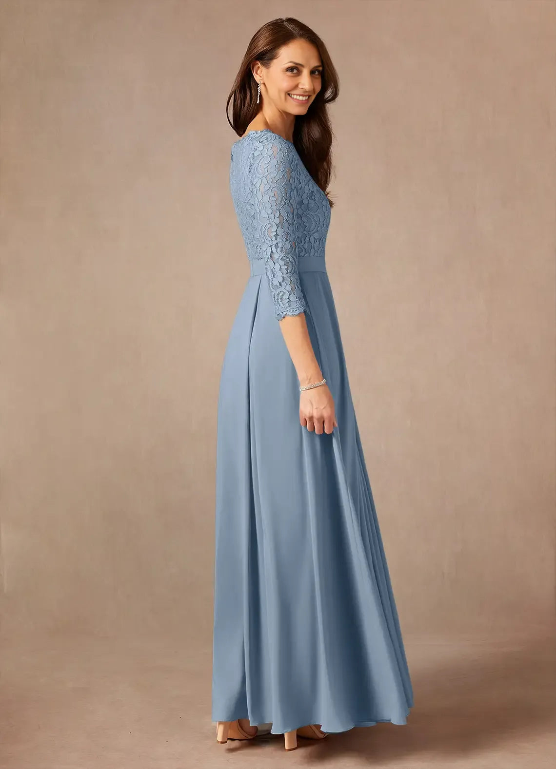 Blue Dusty A-Line Floor-Length Dress Three-Quarter Sleeve Solid Color Vintage Scoop Neck Mother of the Bride Dress